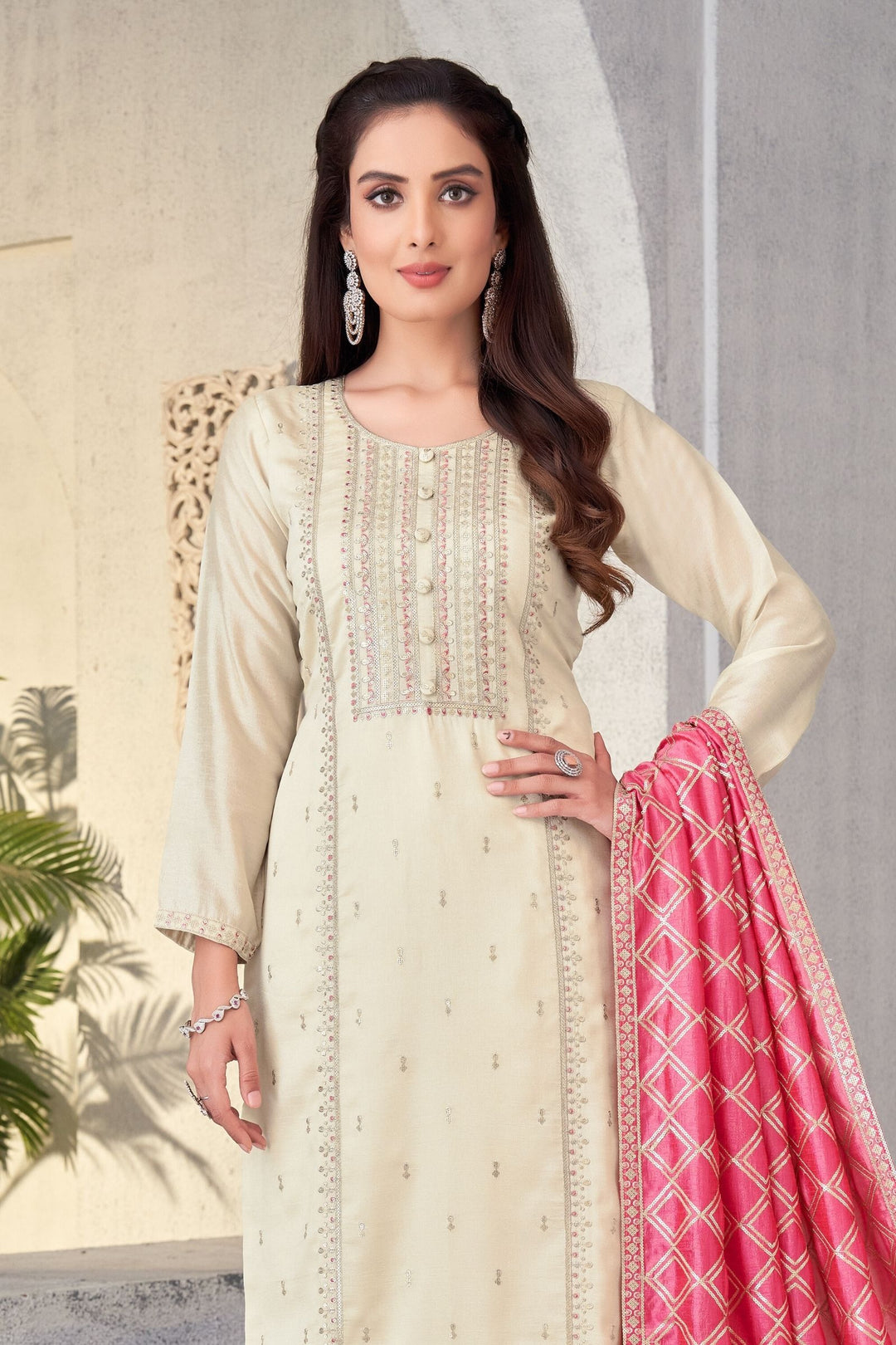 Cream Zari, Thread and Sequins work Straight Cut Salwar Suit