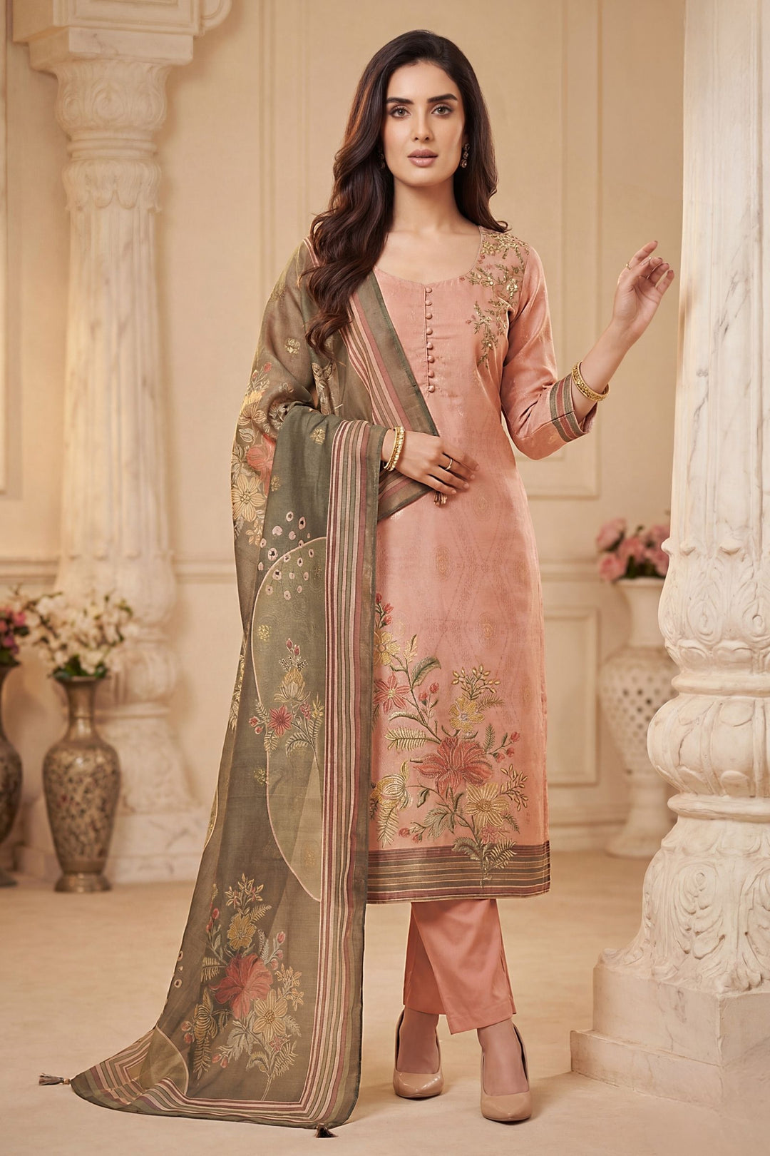 Onion Pink Beads, Zardozi, Zari and Sequins work with Digital Print Straight Cut Salwar Suit