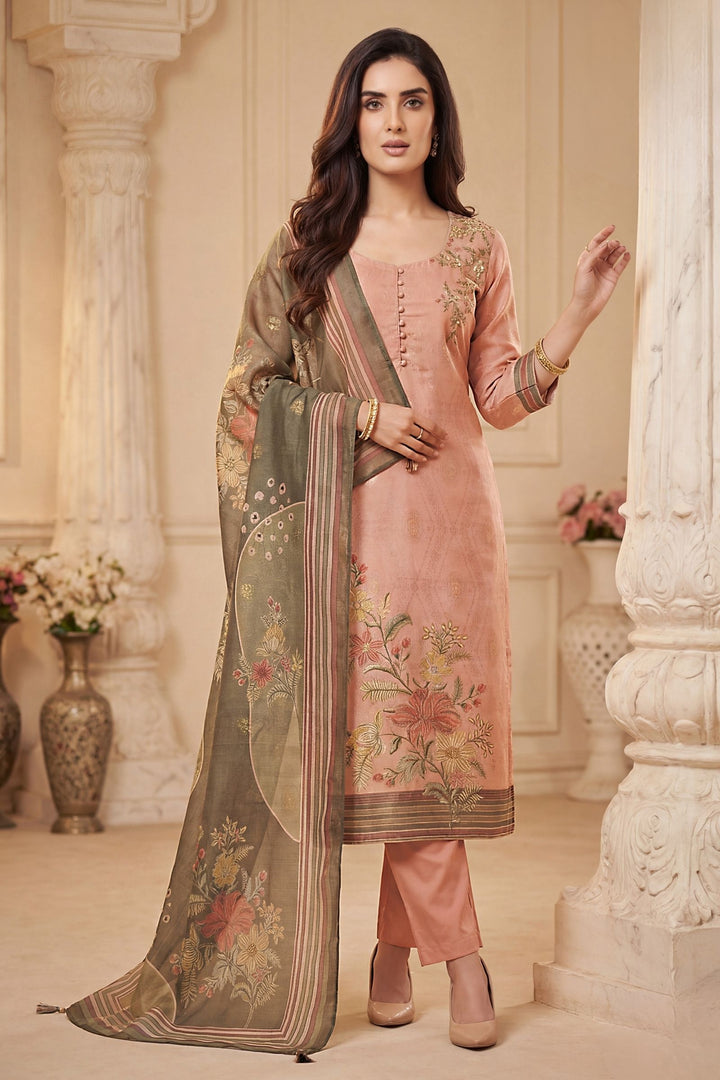 Onion Pink Beads, Zardozi, Zari and Sequins work with Digital Print Straight Cut Salwar Suit