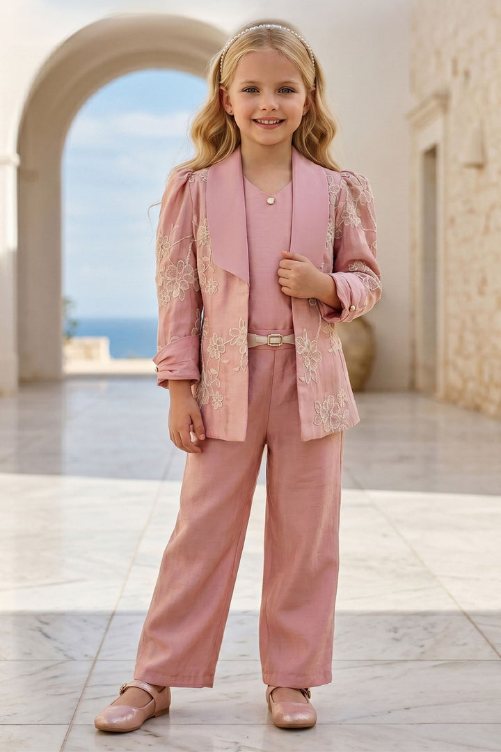 Dusty Pink Zari and Thread work Jacket Styled Palazzo Set for Girls