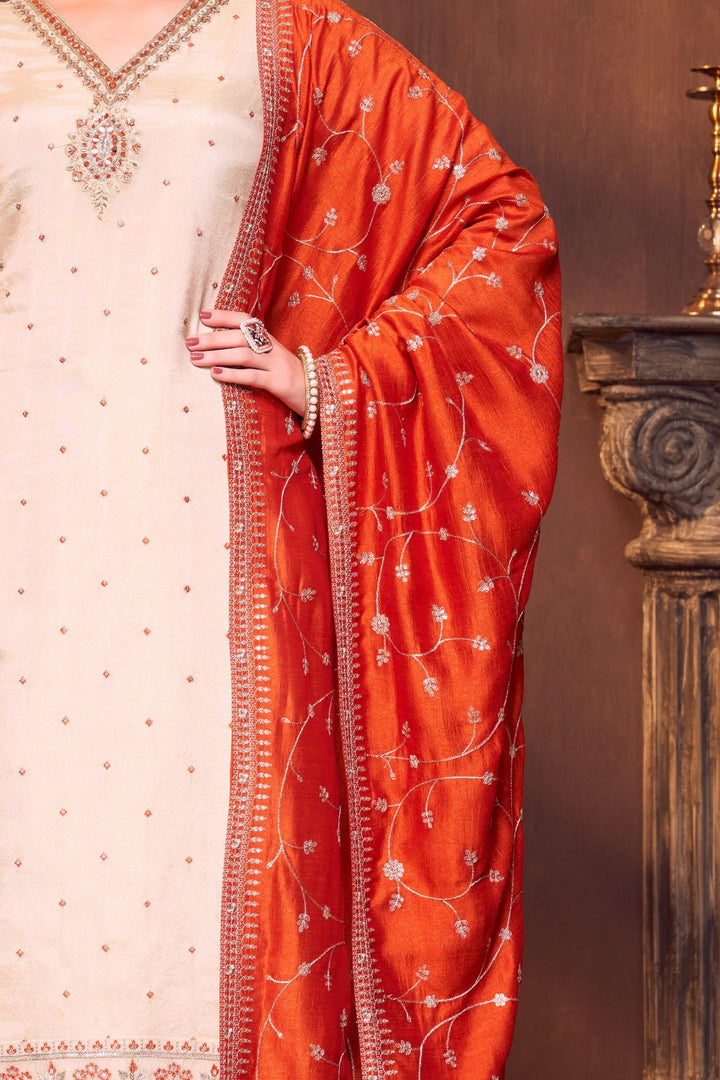 Cream Zardozi, Mirror, Beads, Sequins and Thread work Straight Cut Salwar Suit