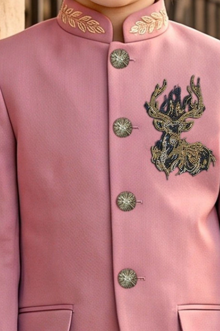 Onion Pink Deer Stone Motif Jodhpuri Suit for Boys