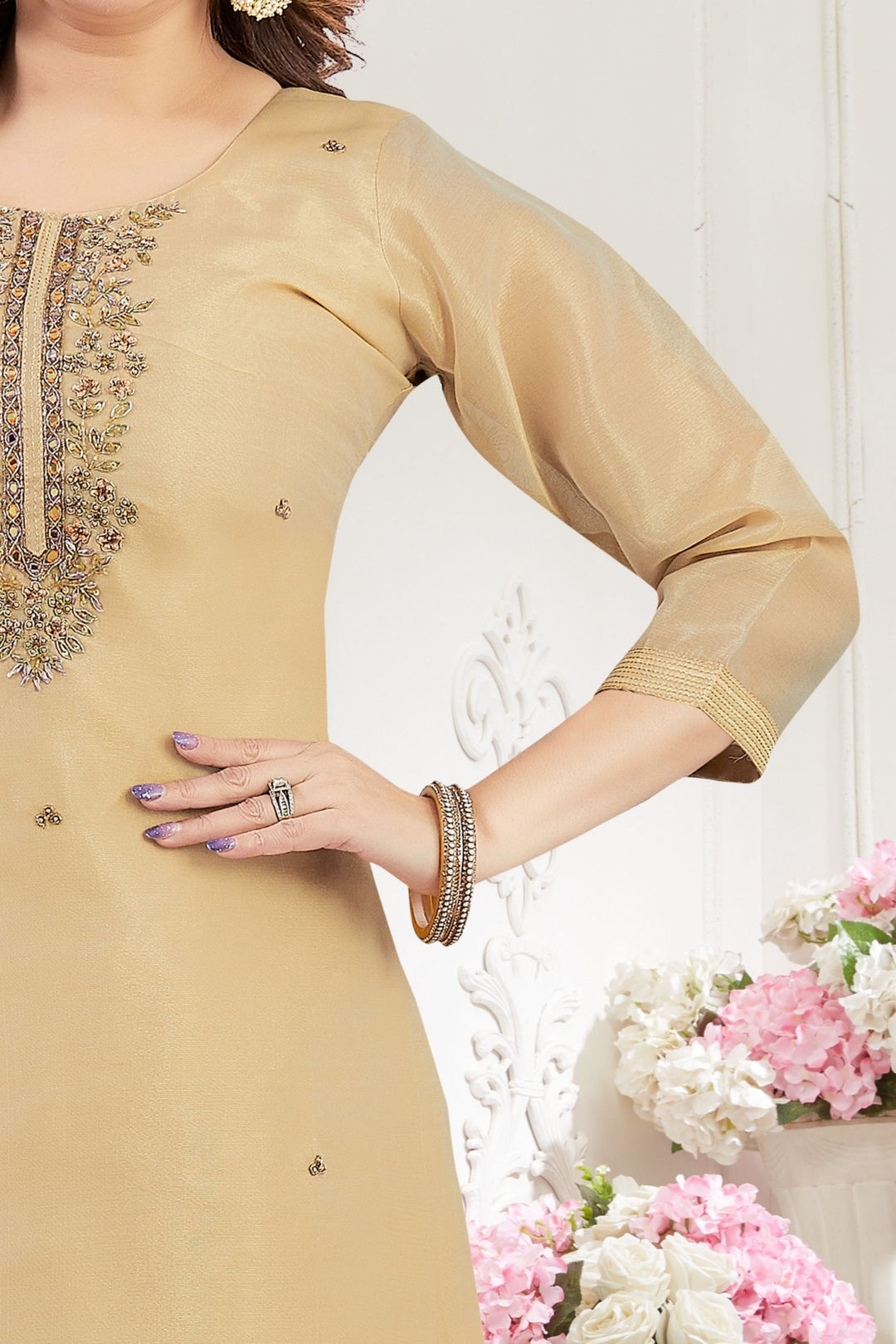 Gold Beads, Zardozi, Mirror, Stone and Thread work Straight Cut Salwar Suit