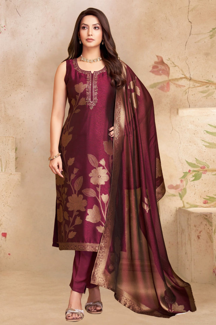 Wine Zari, Beads and Stone work Straight Cut Salwar Suit