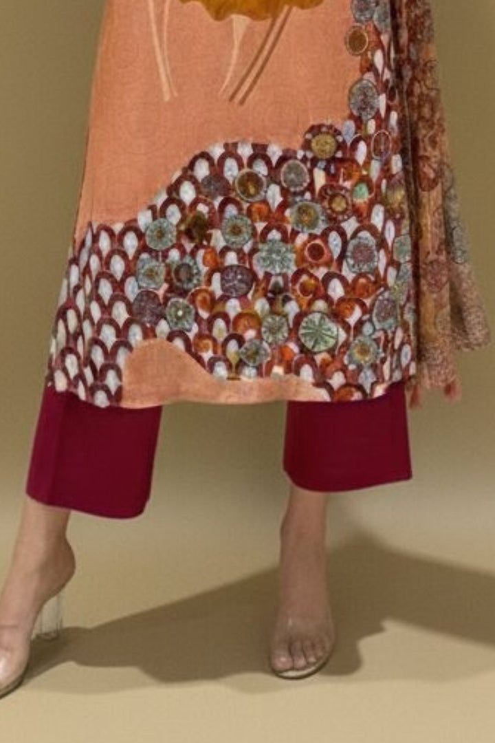 Peach with Maroon Sequins and Thread work with Digital Print Straight Cut Salwar Suit