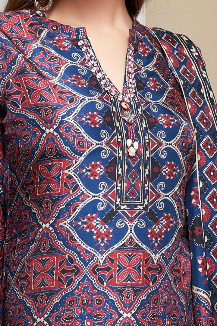 Navy Blue with Maroon Ajrakh Print, Sequins and Beads work Palazzo Salwar Suit