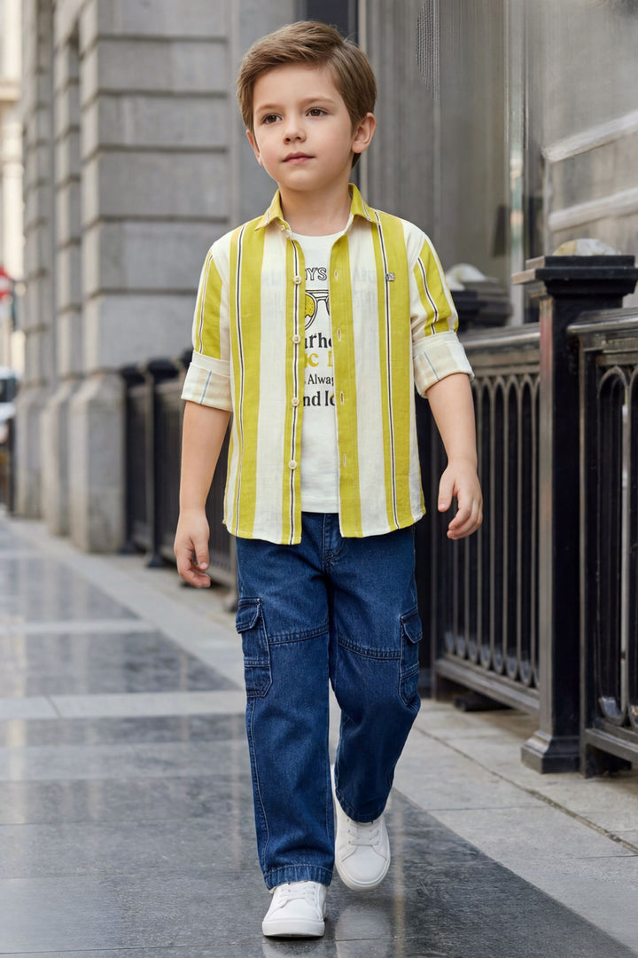 Cream with Lemon Yellow Print Blazer, T-Shirt and Blue Pant Set for Boys