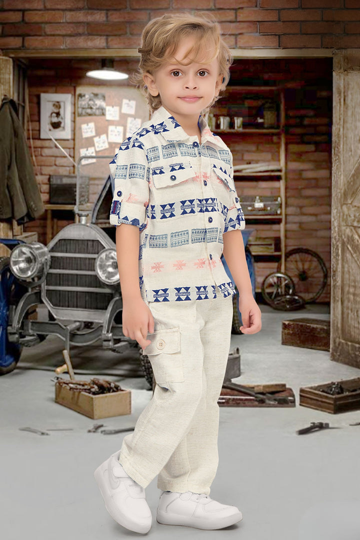 Half White Thread work Shirt and Pant Set for Boys