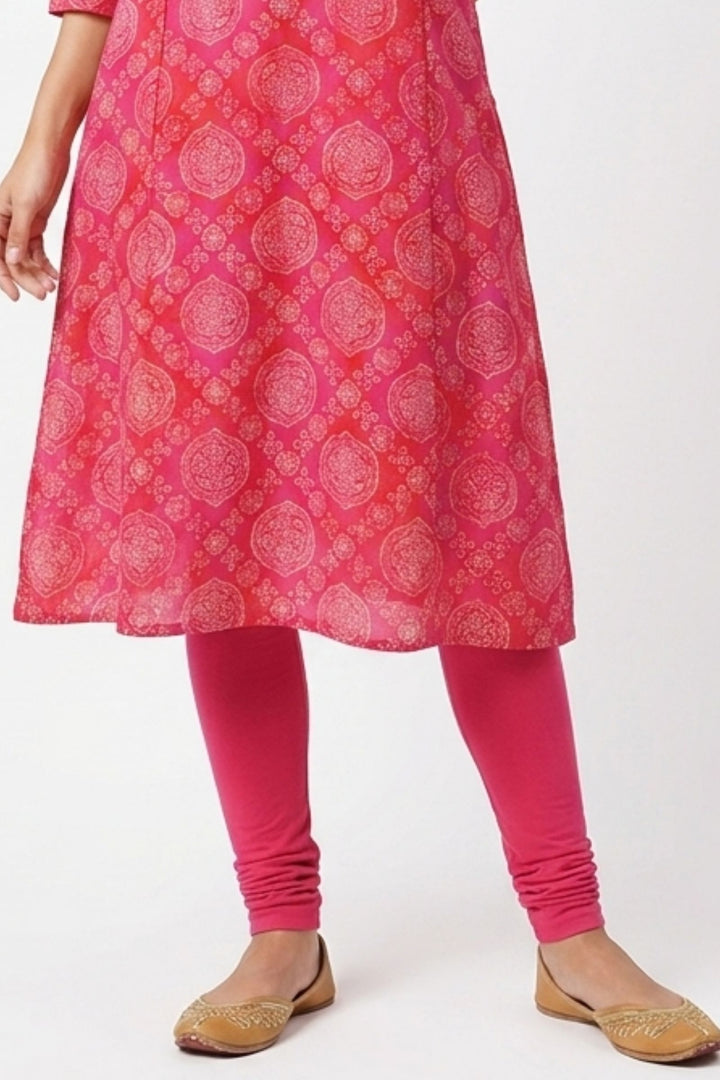 Pinkish Red Embroidery, Mirror and Zari work with Digital Print A-Line Cut Calf Length Kurti