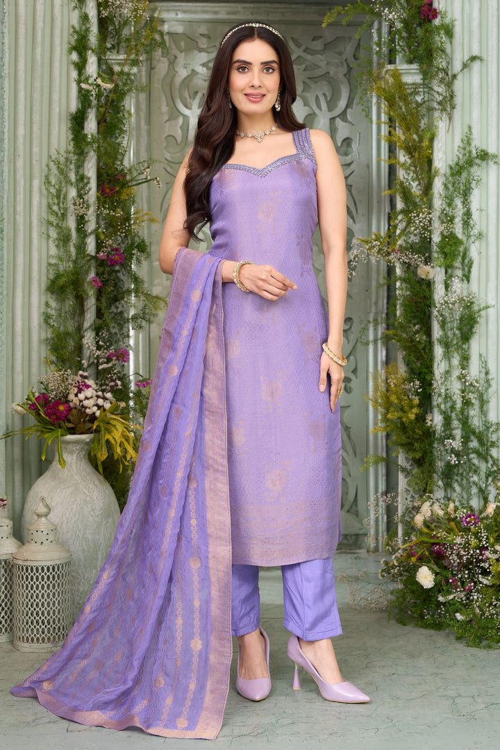 Lavender Banaras, Mirror, Zardozi, Beads, Stone and Sequins work Straight Cut Salwar Suit