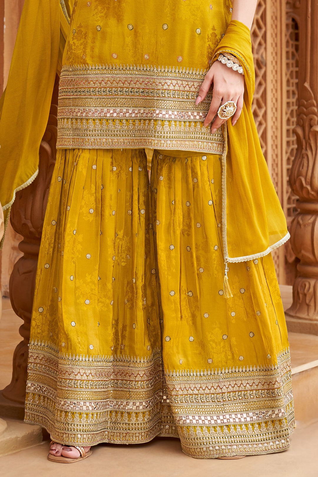 Olive Green Sequins, Zari, Mirror and Zardozi work Sharara Salwar Suit