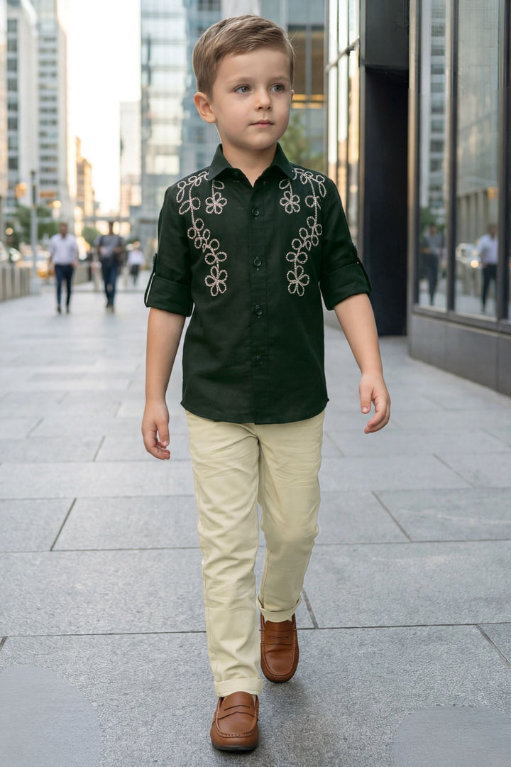 Bottle Green Thread work Shirt and Cream Pant Set for Boys