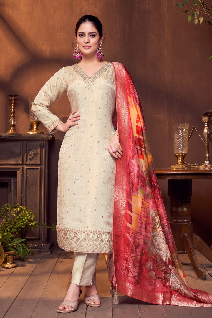 Beige Sequins, Beads and Zari work Straight Cut Salwar Suit