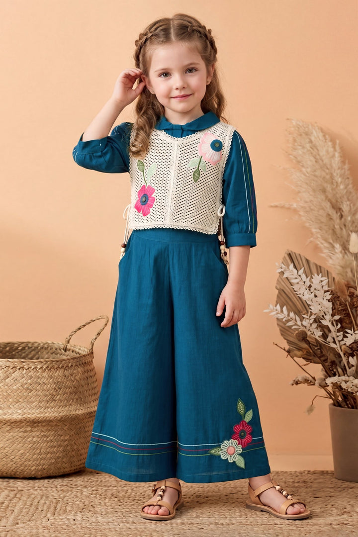 Teal Blue with Cream Jacket Styled Palazzo Set for Girls