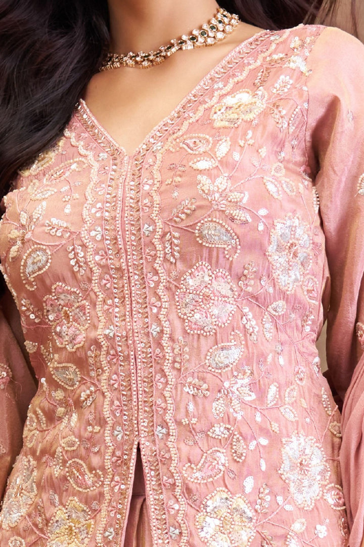Peach Beads, Pearl, Multicolor Thread and Sequins work Peplum Style Lehenga