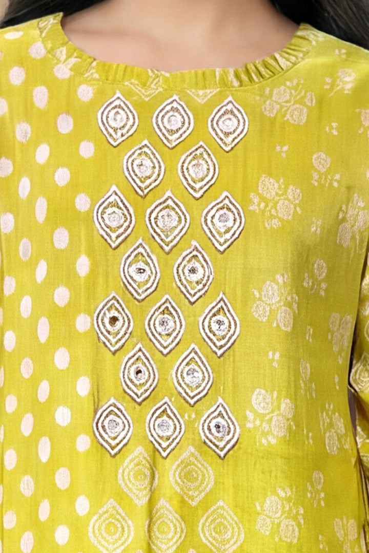 Liril Green Beads and Mirror work with Digital Print Anarkali Styled Salwar Suit for Girls