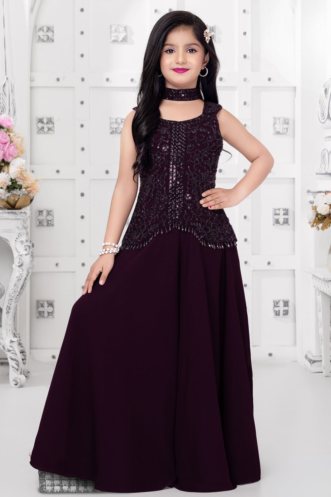 Wine Beads and Sequins work Palazzo Suit Set for Girls