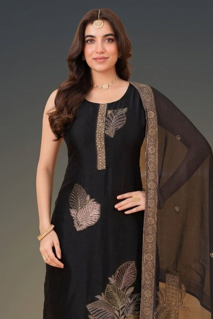 Black Beads, Stone, Banaras and Sequins work Straight Cut Salwar Suit