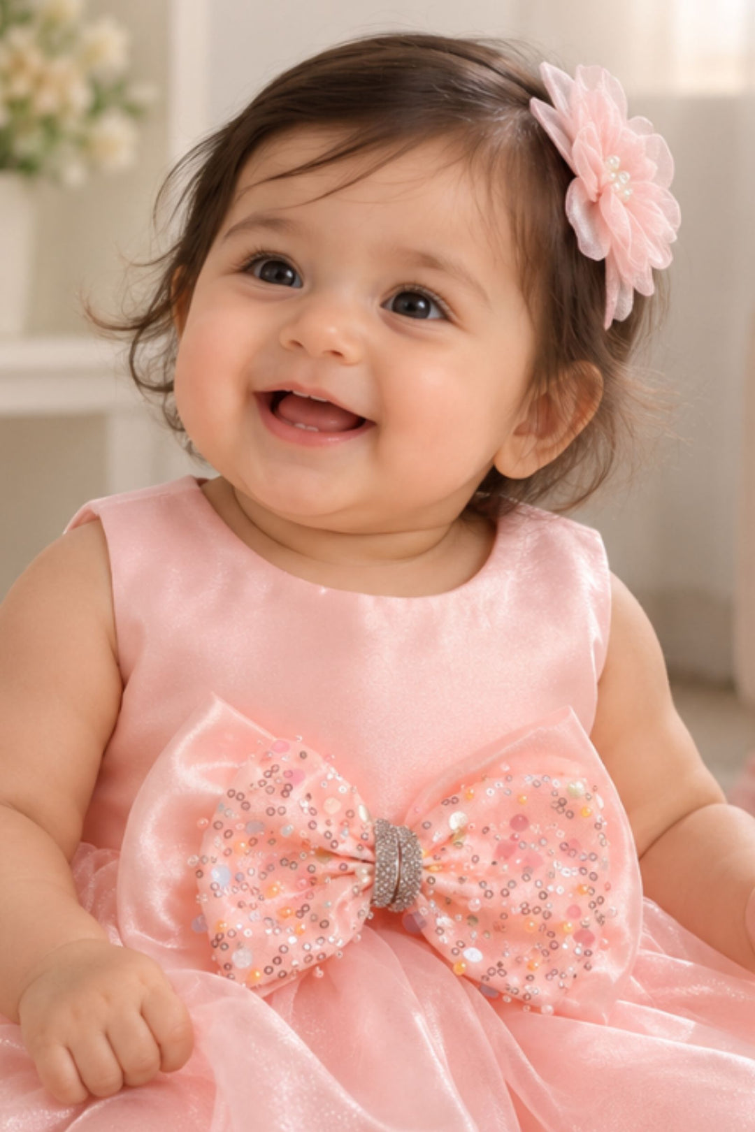 Peach Sequined Bow Partywear Short Frock for Girls