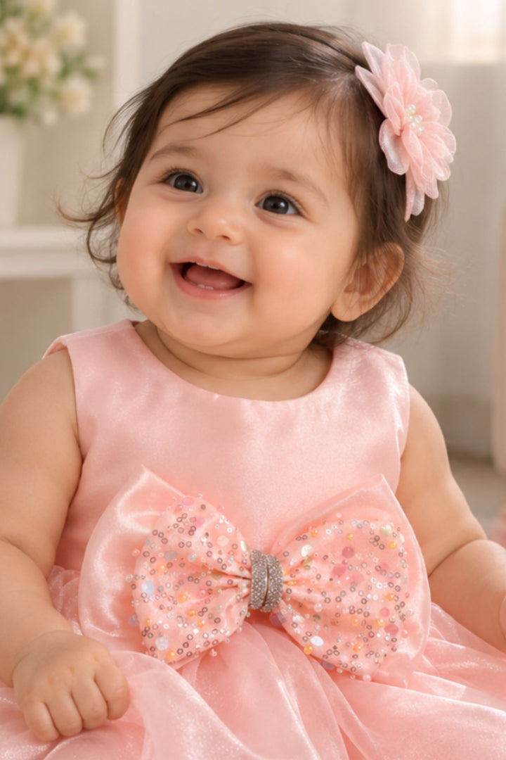 Peach Sequined Bow Partywear Short Frock for Girls