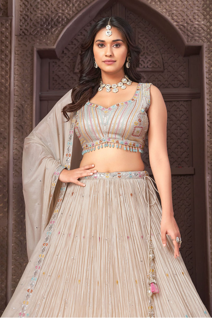 Beige Multicolor Thread, Sequins and Zari work Crop Top Lehenga