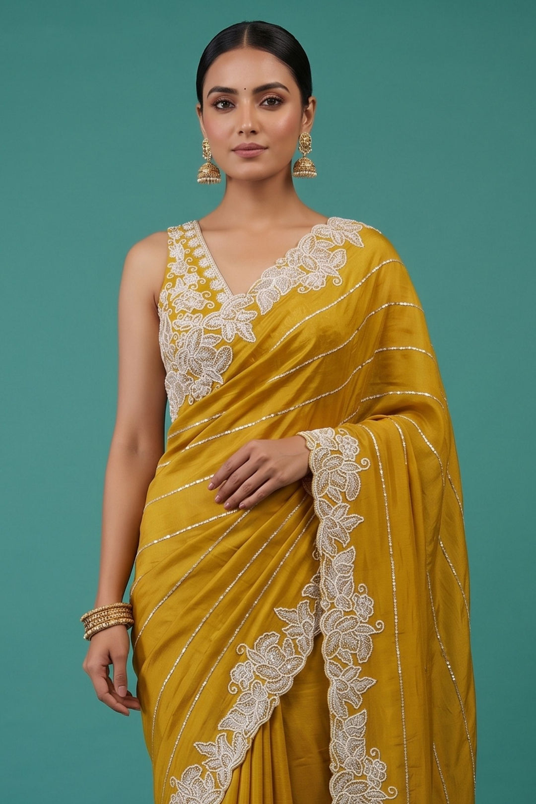 Liril Green Saree with Thread and Sequins work Embellishments