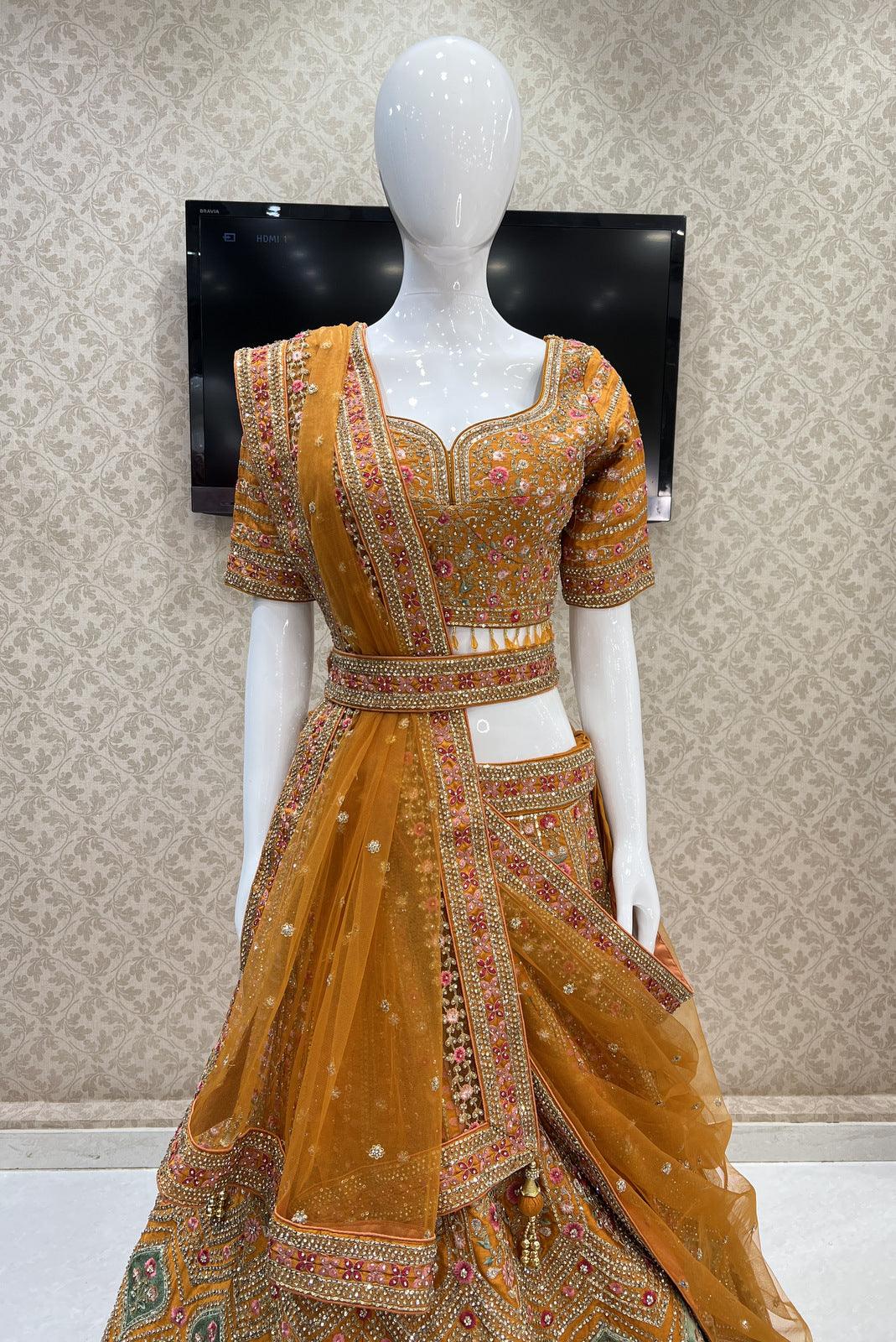 Best lehenga shop Chennai Mustard Stone, Zari, Sequins and