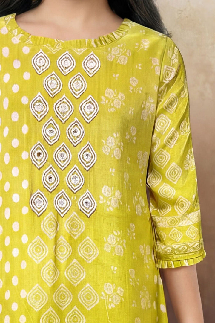 Liril Green Beads and Mirror work with Digital Print Anarkali Styled Salwar Suit for Girls