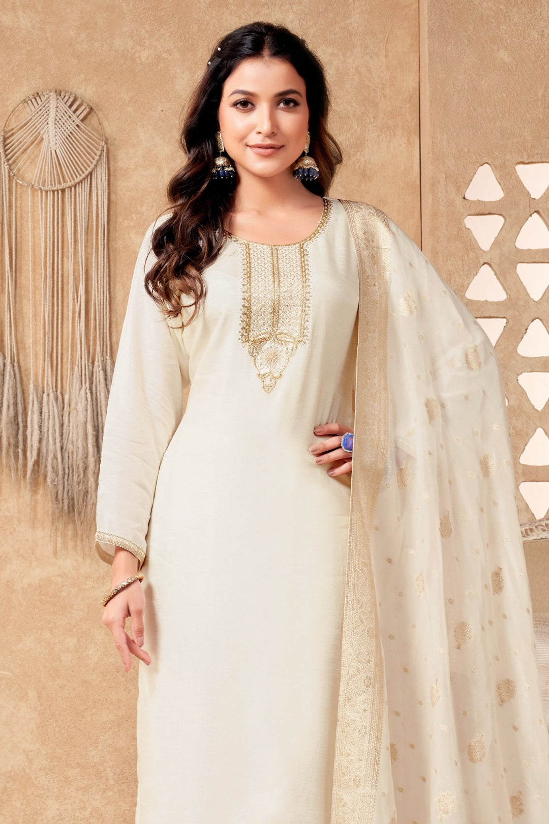 Cream Sequins, Zari, Beads and Zardozi work Straight Cut Salwar Suit