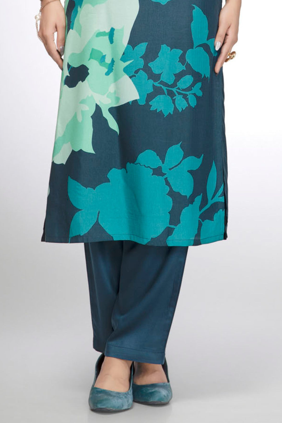 Peacock Blue Beads work with Digital Print Straight Cut Salwar Suit