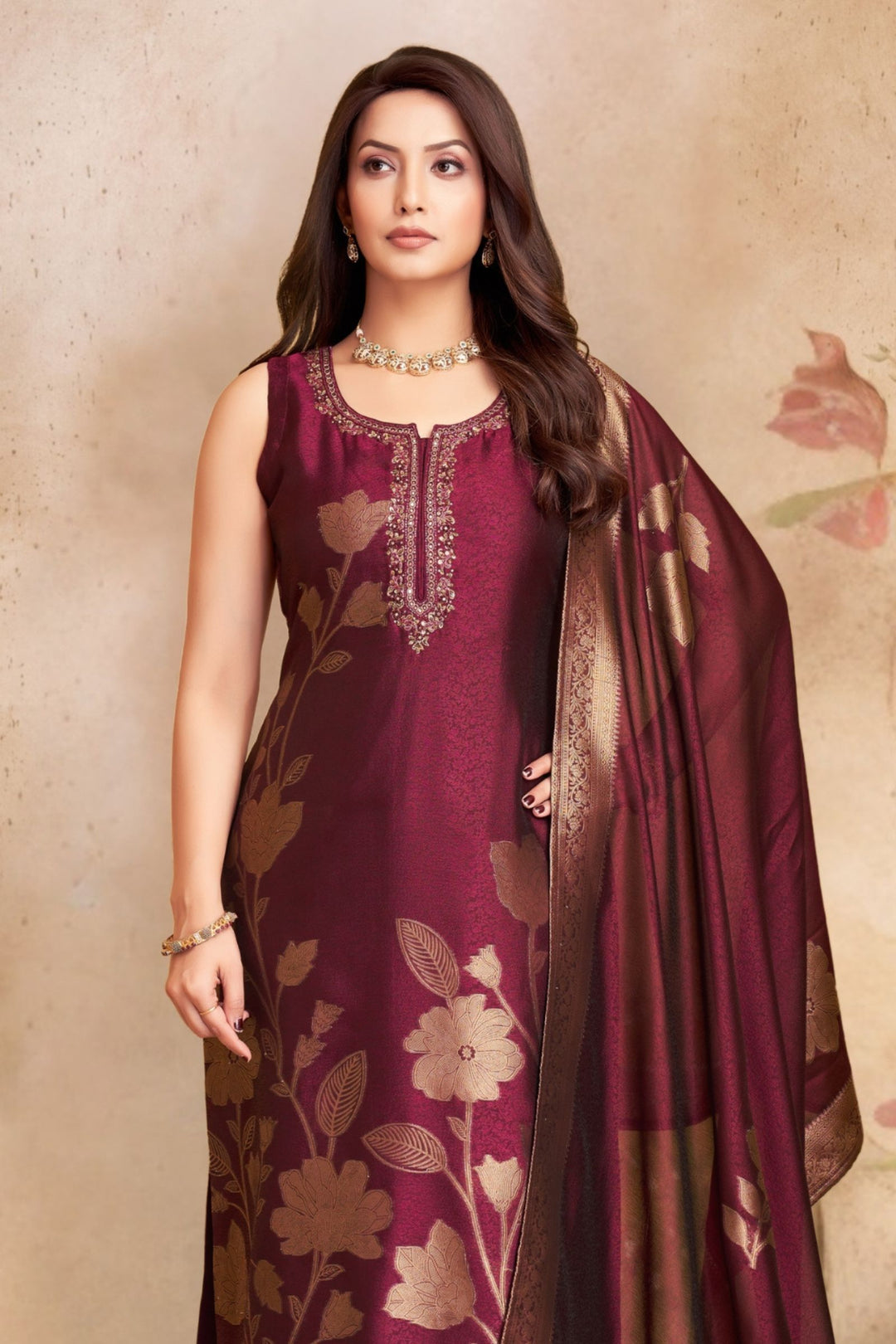 Wine Zari, Beads and Stone work Straight Cut Salwar Suit