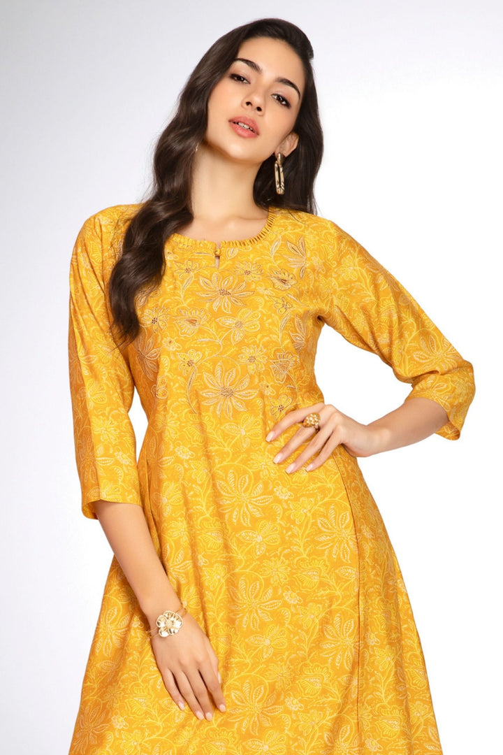 Yellow Mirror and Thread work with Digital Print A-Line Cut Calf Length Kurti