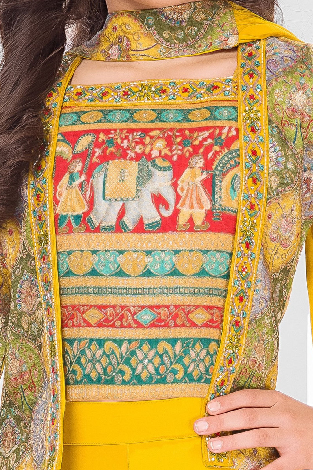 Yellow Zari and Beads work with Digital Print Jacket Styled Palazzo Set for Girls