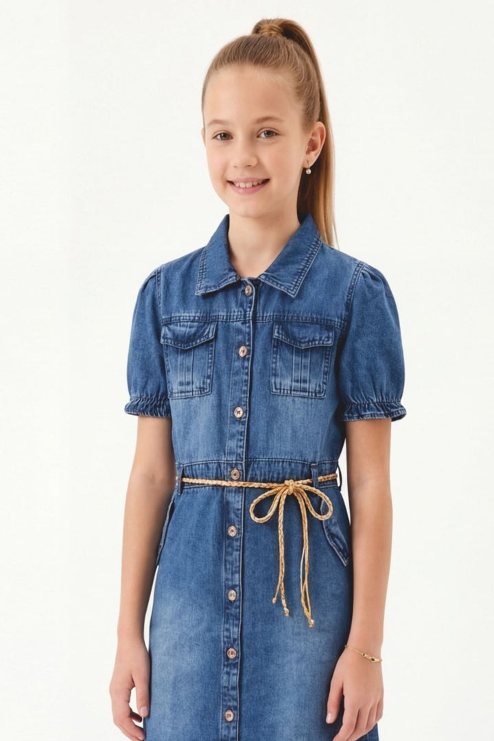 Blue Short Frock for Girls with Belt