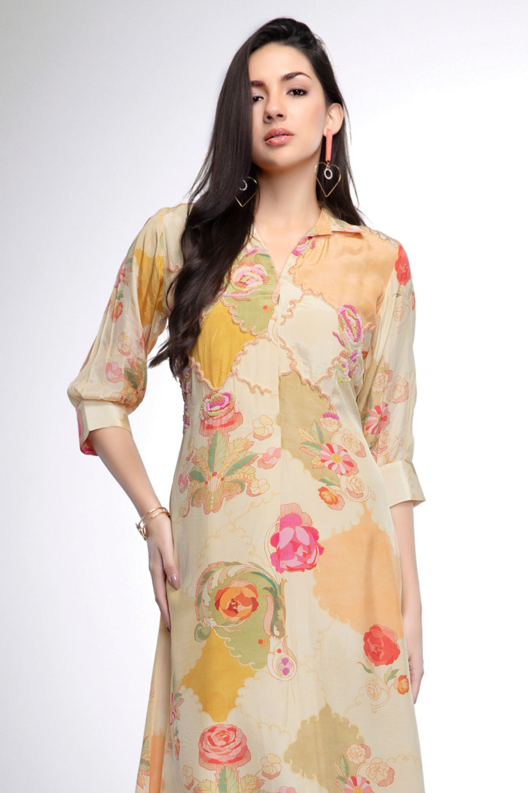 Cream Beads work with Floral Print Anarkali Styled Kurti