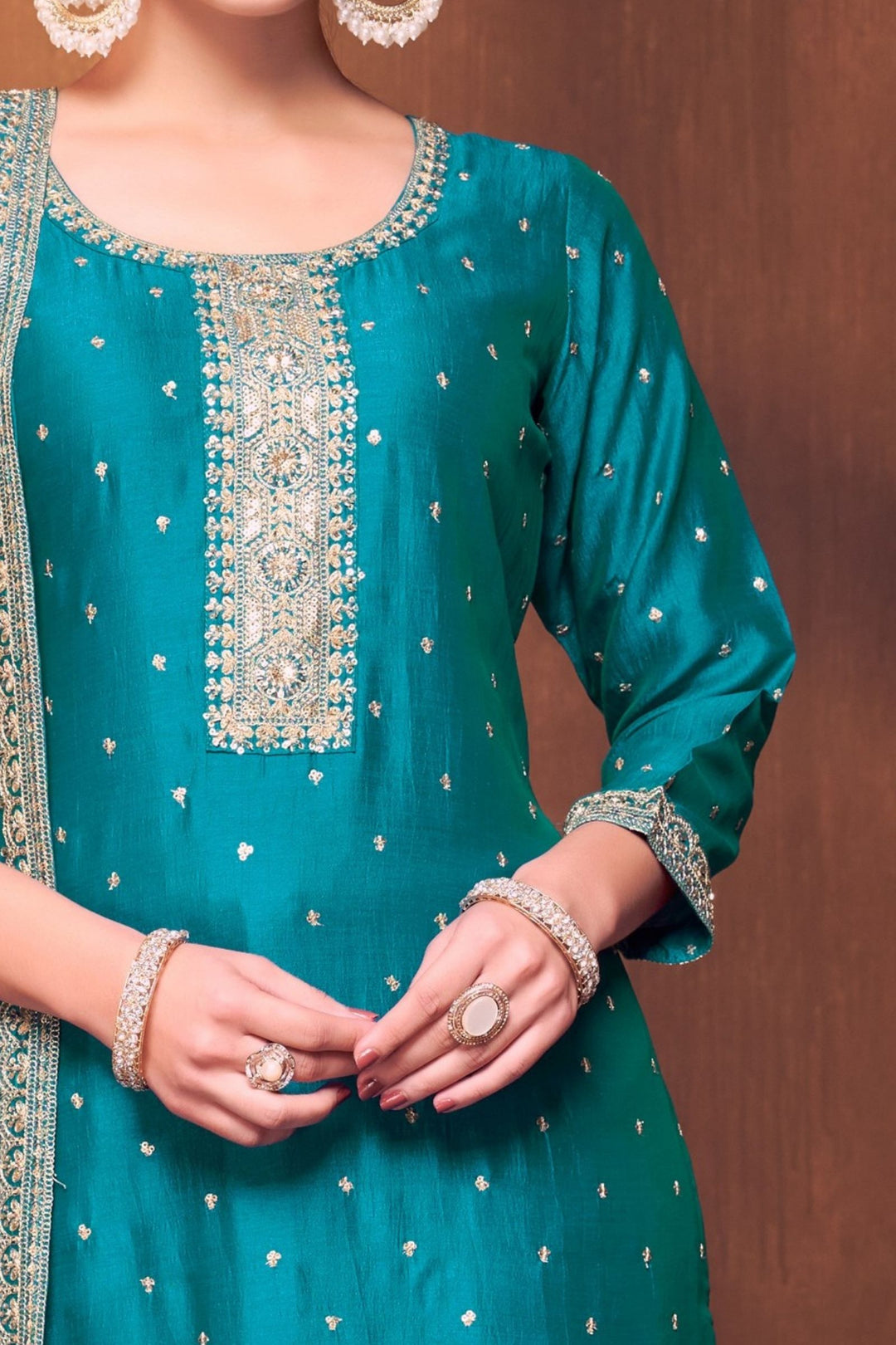 Rama Blue Sequins, Zari and Beads work Straight Cut Salwar Suit