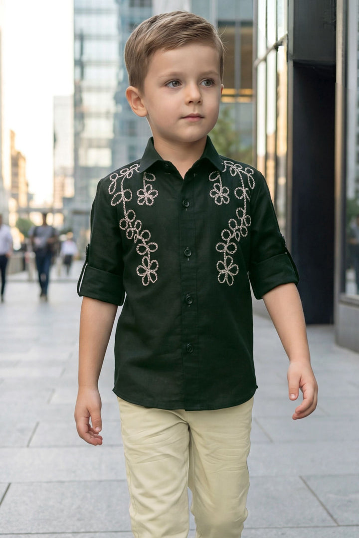 Bottle Green Thread work Shirt and Cream Pant Set for Boys