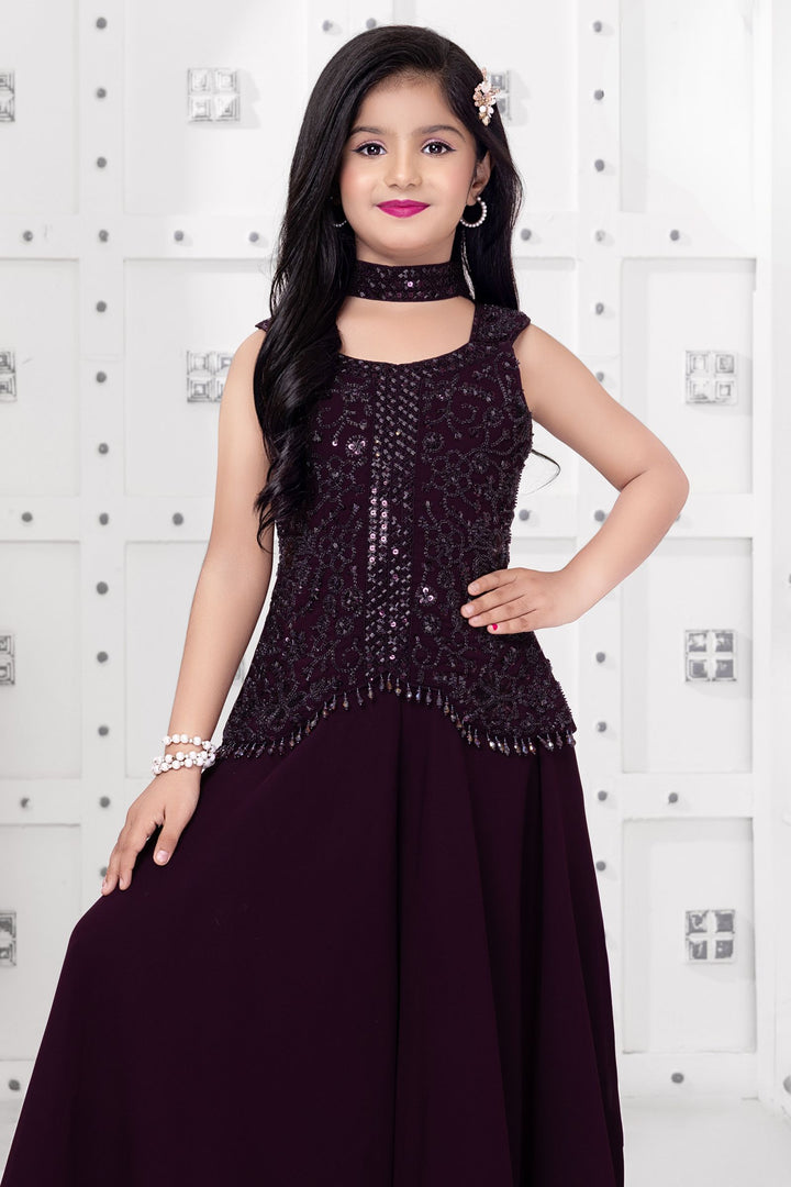 Wine Beads and Sequins work Palazzo Suit Set for Girls