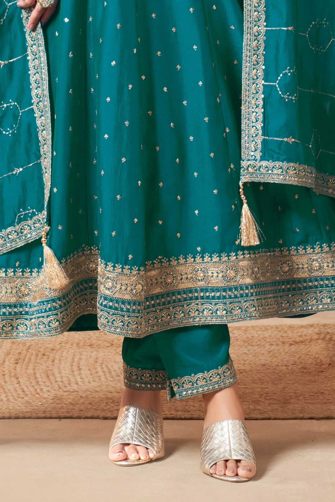 Rama Blue Sequins, Beads and Zari work Anarkali Style Salwar