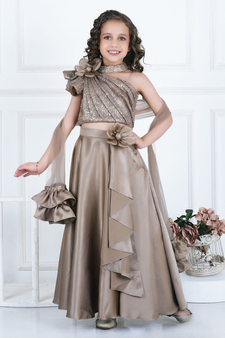 Gold Sequins One-Shoulder Top with Choker Neck and Flared Lehenga for Girls