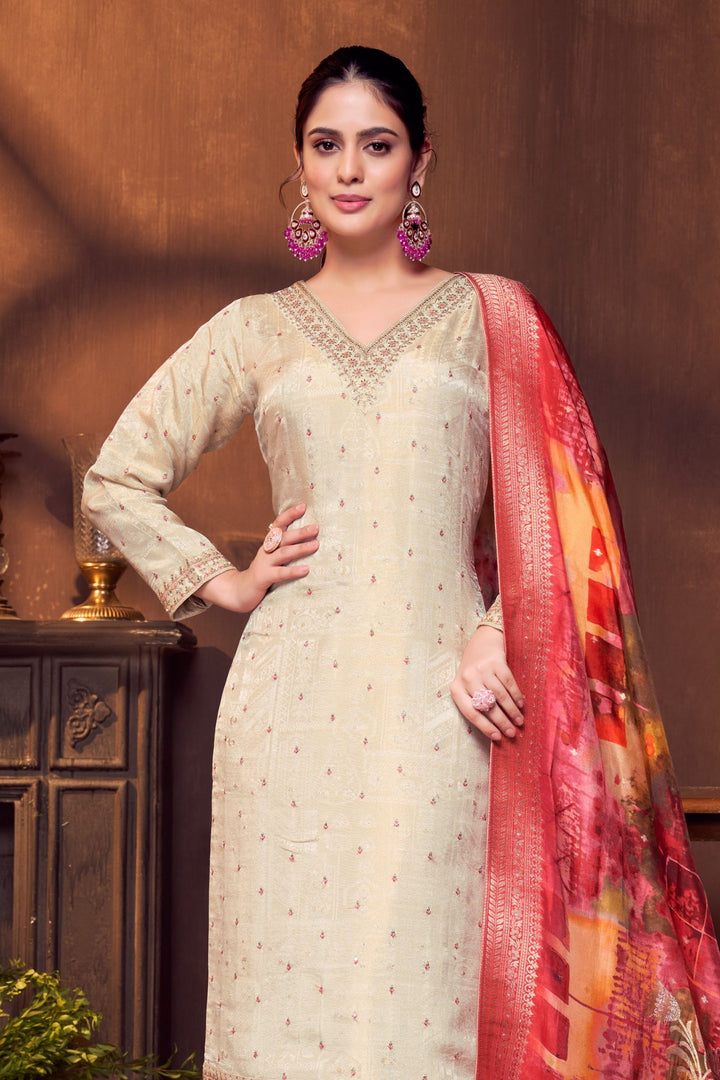 Beige Sequins, Beads and Zari work Straight Cut Salwar Suit