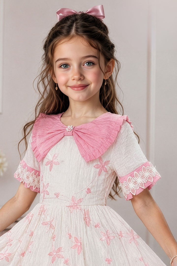 Half White with Pink Embroidery and Sequins work Short Frock For Girls