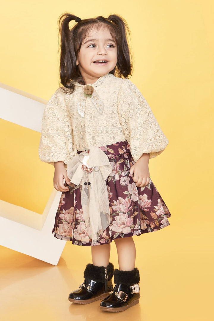 Cream with Wine Floral Print Top and Skirt for Girls