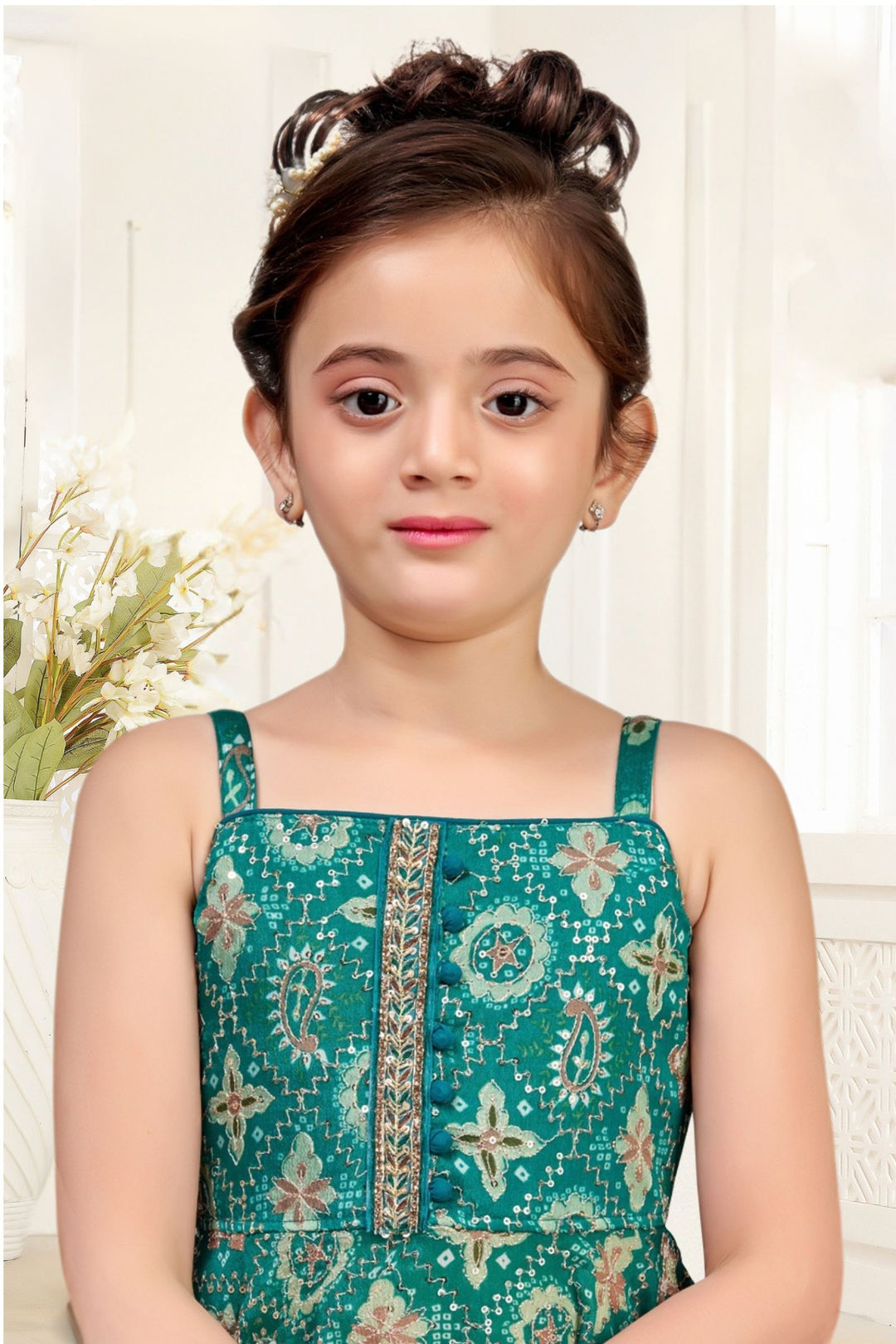 Rama Green Zari, Sequins and Stone work with Digital Print Palazzo Set For Girls