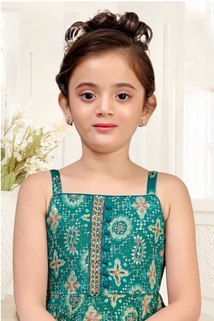 Rama Green Zari, Sequins and Stone work with Digital Print Palazzo Set For Girls