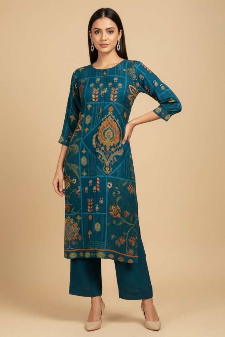 Peacock Blue Beads work with Digital Print Straight Cut Salwar Suit