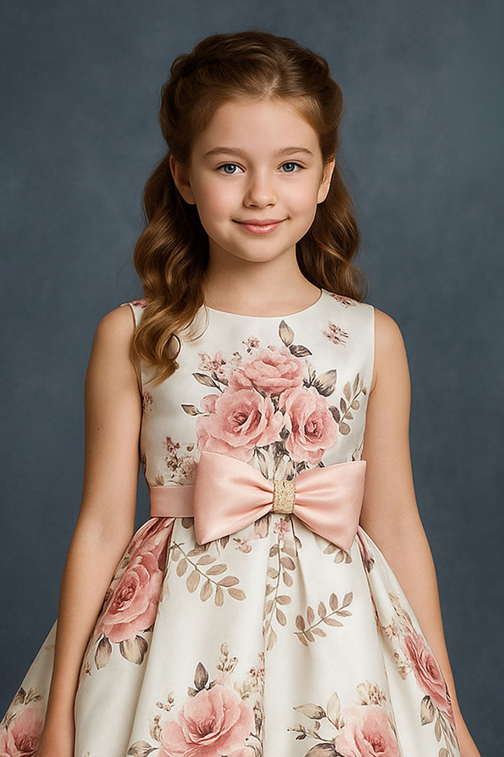 Half White Stone work with Floral Print Short Partywear Frock for Girls