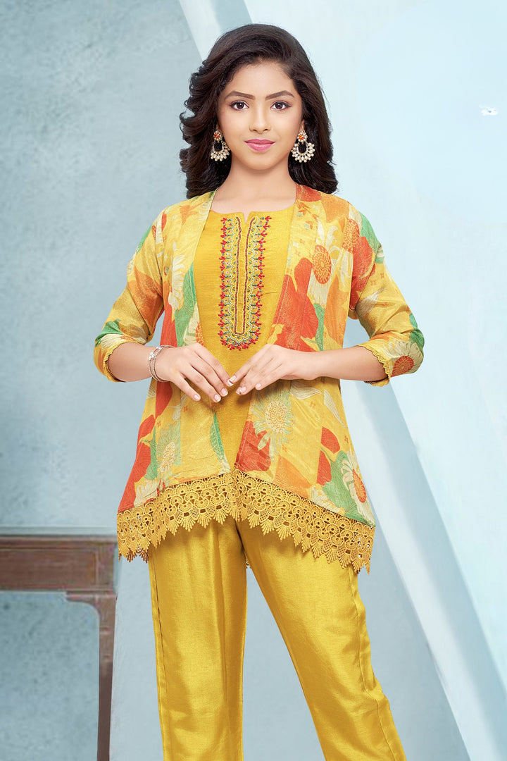 Yellow Zari Weaving with Digital Print Overcoat Salwar Suit for Girls