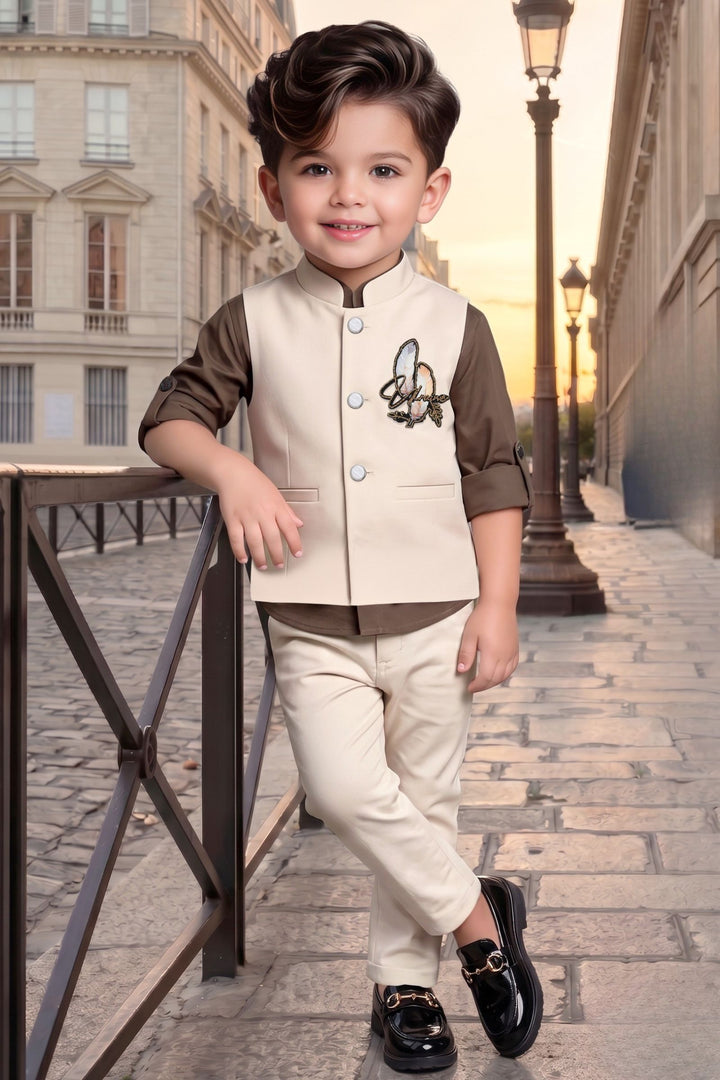 Beige Boys Waistcoat Set with Brown Shirt and Beige Pants