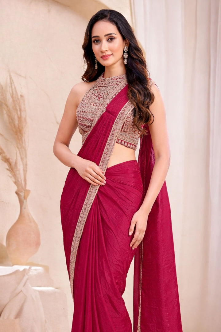 Rani Pink Readymade Saree with Pearl, Zari, Mirror and Stone work Readymade Blouse